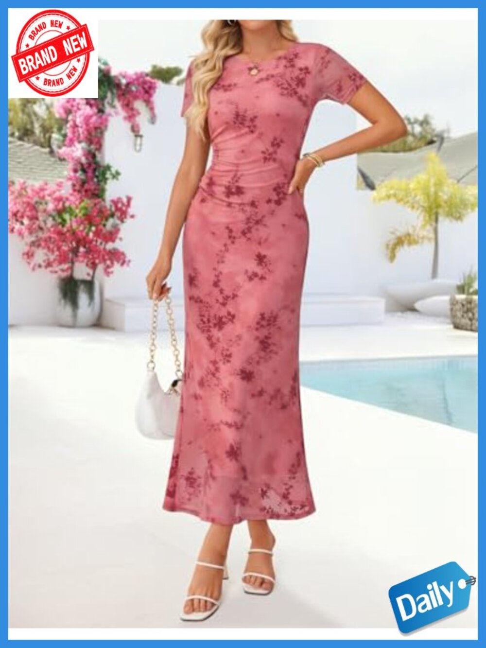 ZESICA Floral Short Sleeve Bodycon Mesh Maxi Formal Dress - Ruched Fitted - Picture 3 of 6